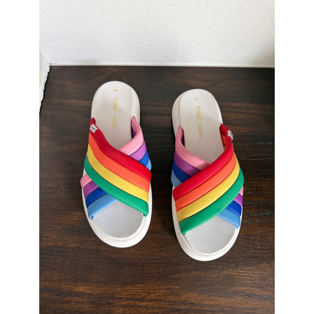 TOMS Mallow Crossover Rainbow Padded Slide Sandals Womens 10 White Multi